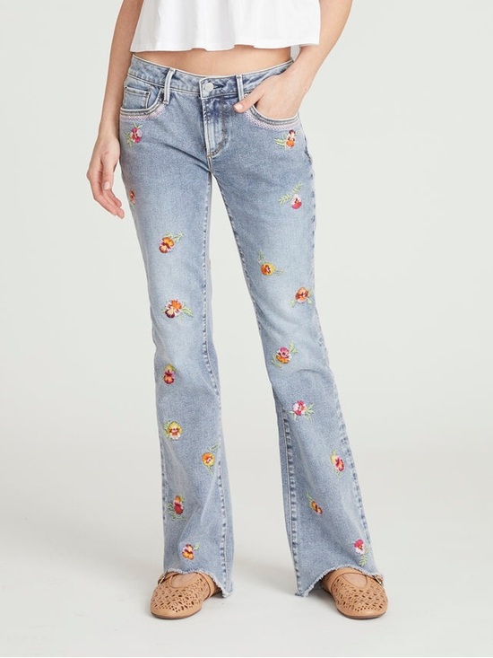 DRIFTWOOD Denim - Driftwood Eva Jeans Women’s Size 26 Floral Embroidered Flare Raw Hem Denim NWT